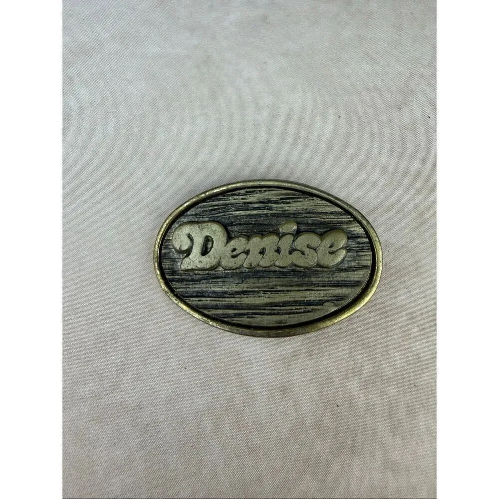 Vintage 1970s Denise Belt Buckle Gold Tone Groovy Lettering Mod MCM